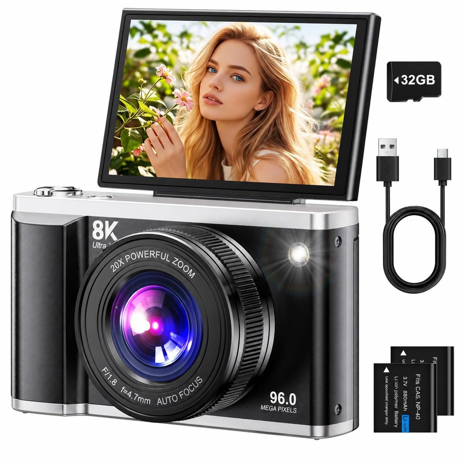 Digital Camera 8K 96MP with WiFi, 20X Digital Zoom Autofocus Vlogging Camera, 3.5" 180°Flip Screen Anti-Shake Compact Camera with 32GB SD Card & 2 Batteries for Teens Adults Beginners