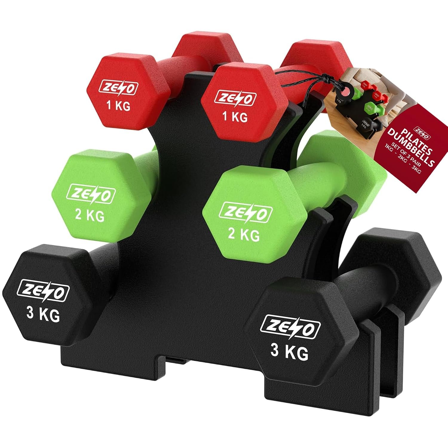 ZENO Dumbbells Set | Dumbbells Set Women | Sweat Resistant Weights for Women with Storage Stand | Vinyl Coated for Ultimate Grip | Weights for Pilates & Home Workouts | Includes 1KG, 2KG, 3KG | Bloss
