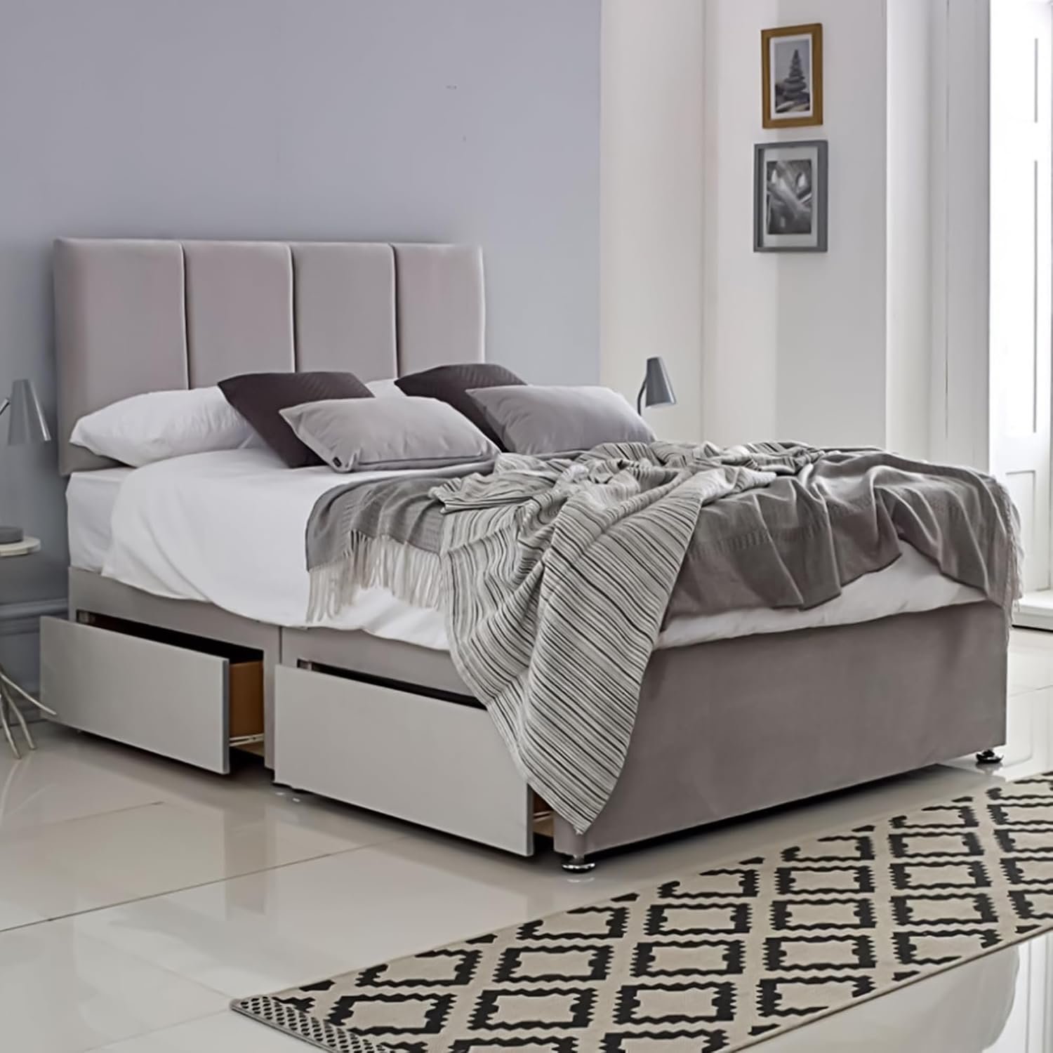 ComfoRest 4 Panel 4FT6 Divan Double Bed with storage drawers (x2) – Silver base and 24 inch headboard – sturdy base for all mattress types, easy assembly, UK made