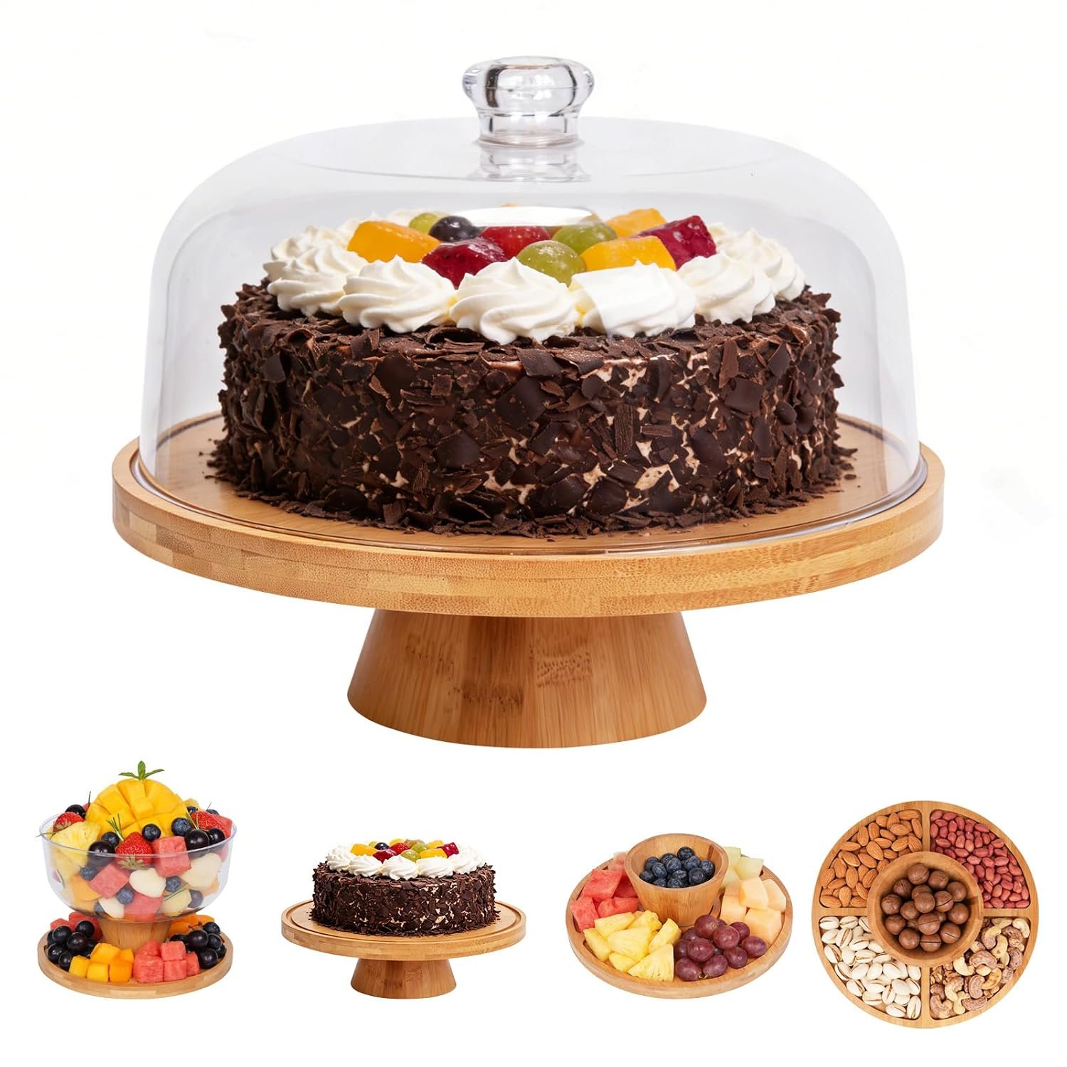 Stormshopping Bamboo Cake Stand with Lid, 6 in 1 Multi-Function Cake Display Stand, Large Serving Platter, Wood Cake Board with Acrylic Dome Cover for Kitchen/Birthday/Picnic/Party/Charcuterie