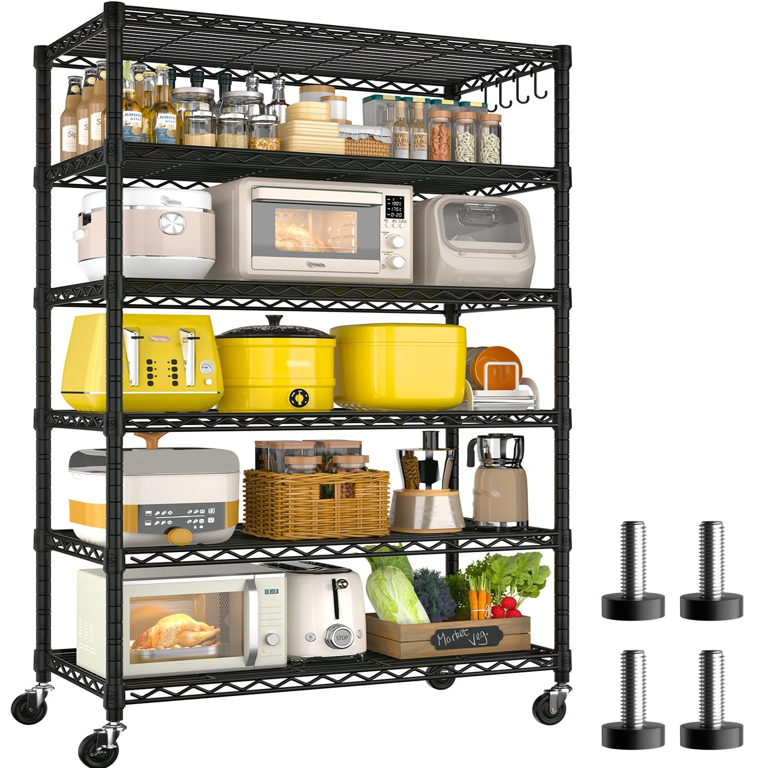 BuxWellBang 91x40x193cm Storage Shelf, 6 Tiers Heavy Duty Metal Storage Racking Shelf with Wheels, Load Capacity 680kg Shelving Unit for Kitchen Pantry Garage Shed Closet Warehouse Balcony Black