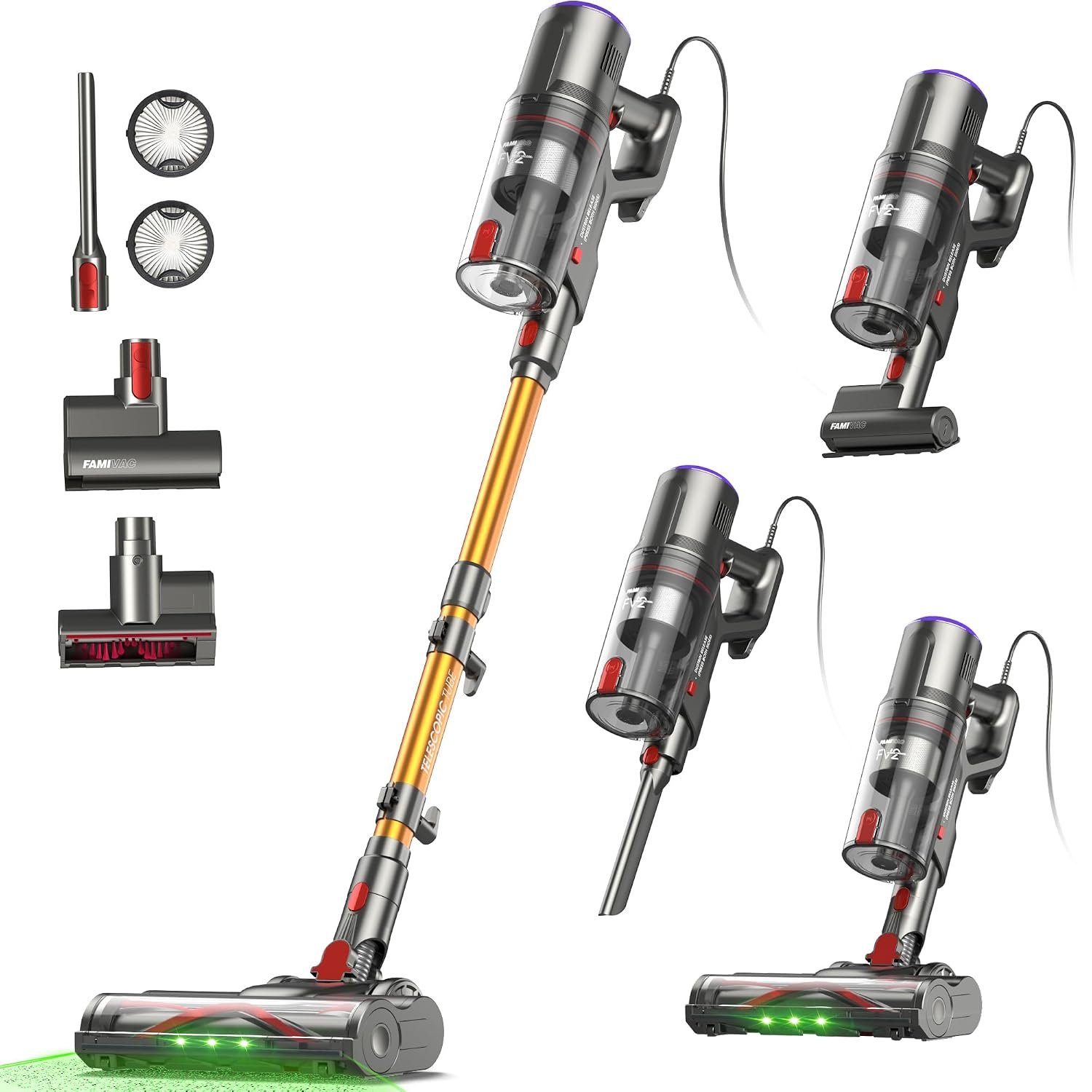 FAMIVAC FV2 Corded Vacuum Cleaner 65Kpa/600W, Powerful Hoover with Mattress Brush & Anti Hair Wrap, 1.3KG Lightweight, 7M Cord, 1.5L, GreenLight & Self-Standing Brush for Home Carpet Floor Pet Hair