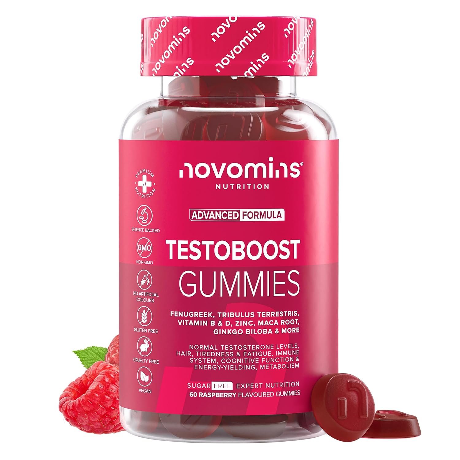 Testosterone Booster Gummies - 1 Month Supply - Testosterone Supplements for Men - Maca Root, Tribulus Terrestris, Vitamin D & Zinc - Testosterone Boosters Supplements - 60 Count Gummies - Novomins