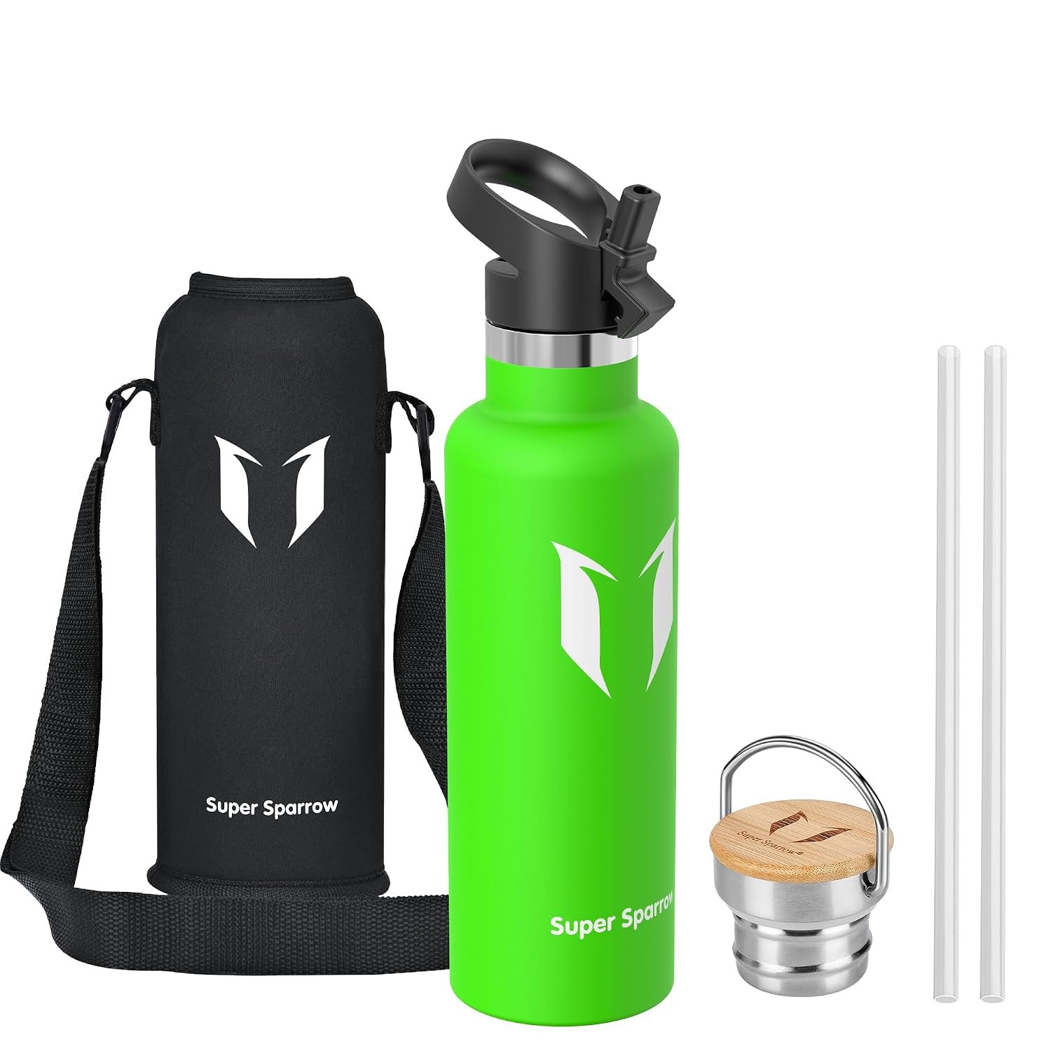 Super Sparrow Water Bottle Stainless Steel - 750ml - Insulated Metal Water Bottles - Standard Mouth Flask - BPA Free - Straw Bottle for Work, Gym, Sports - 2 Lids