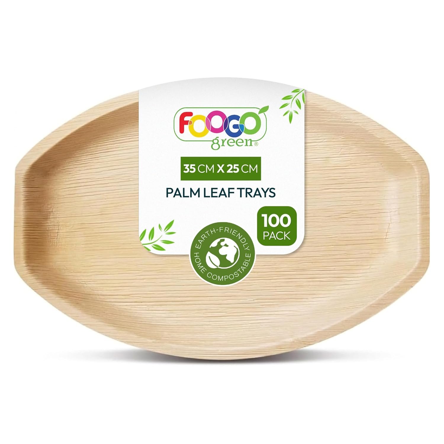 FOOGO Green 100 Disposable Palm Leaf Serving Trays, Large Oval 17"x12" (43cmx30cm), for Platters Starters, Canape, Charcuterie Board, Eco-Friendly and Sturdy Like Wooden Hot Food Trays