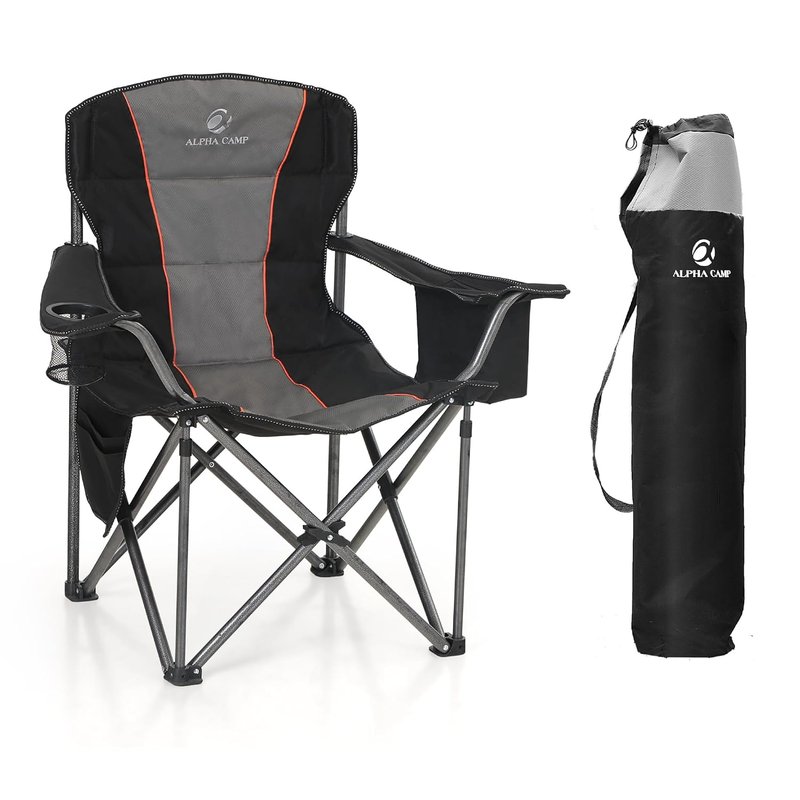 LET'S CAMP Folding Camping Chair for Adults, Folding Camp Chairs Up to 200 kg Oversized Heavy Duty Padded Outdoor Chair Garden Chairs with Cup Holder Storage and Cooler Bag, Black