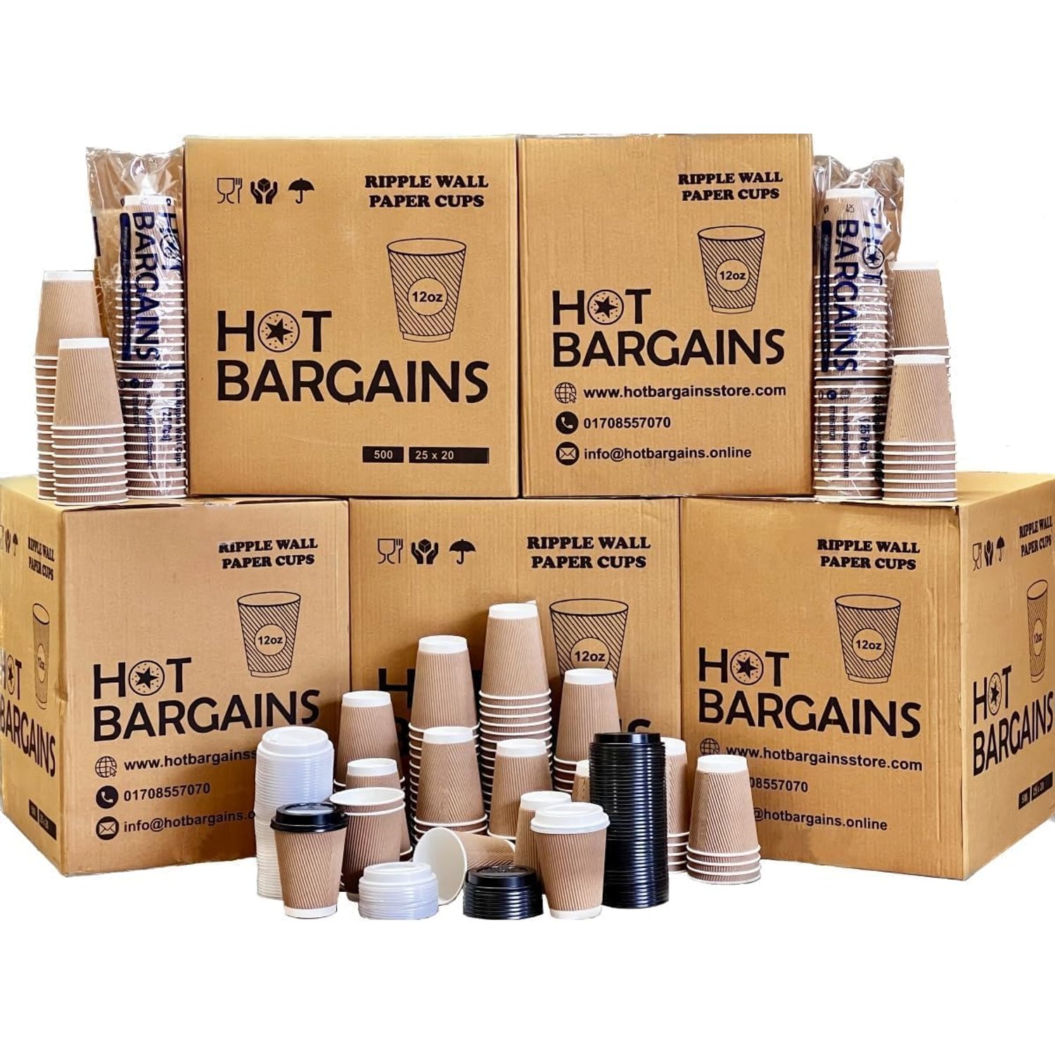 HOT BARGAINS - Kraft Triple Walled Disposable Paper Ripple Cups - 200 X 12oz / 360ml, Hot Drink Cups + Reusable Lids