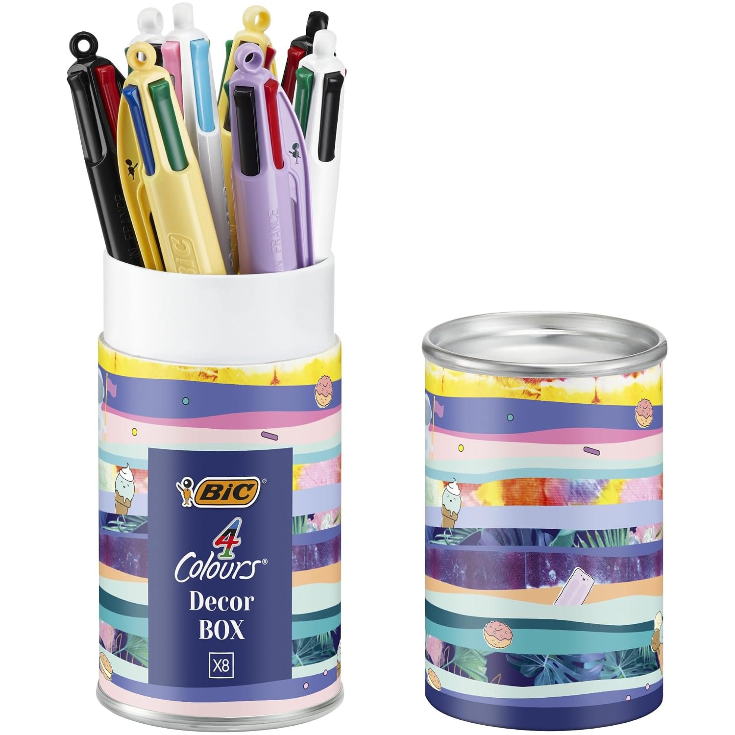 BIC 4 Colours Message Box - Retractable Ballpoint Pens Medium Nib (1.0 mm) - Assorted Decorations, Metallic Gift Box of 8, Assorted Design, White, black, red, blue