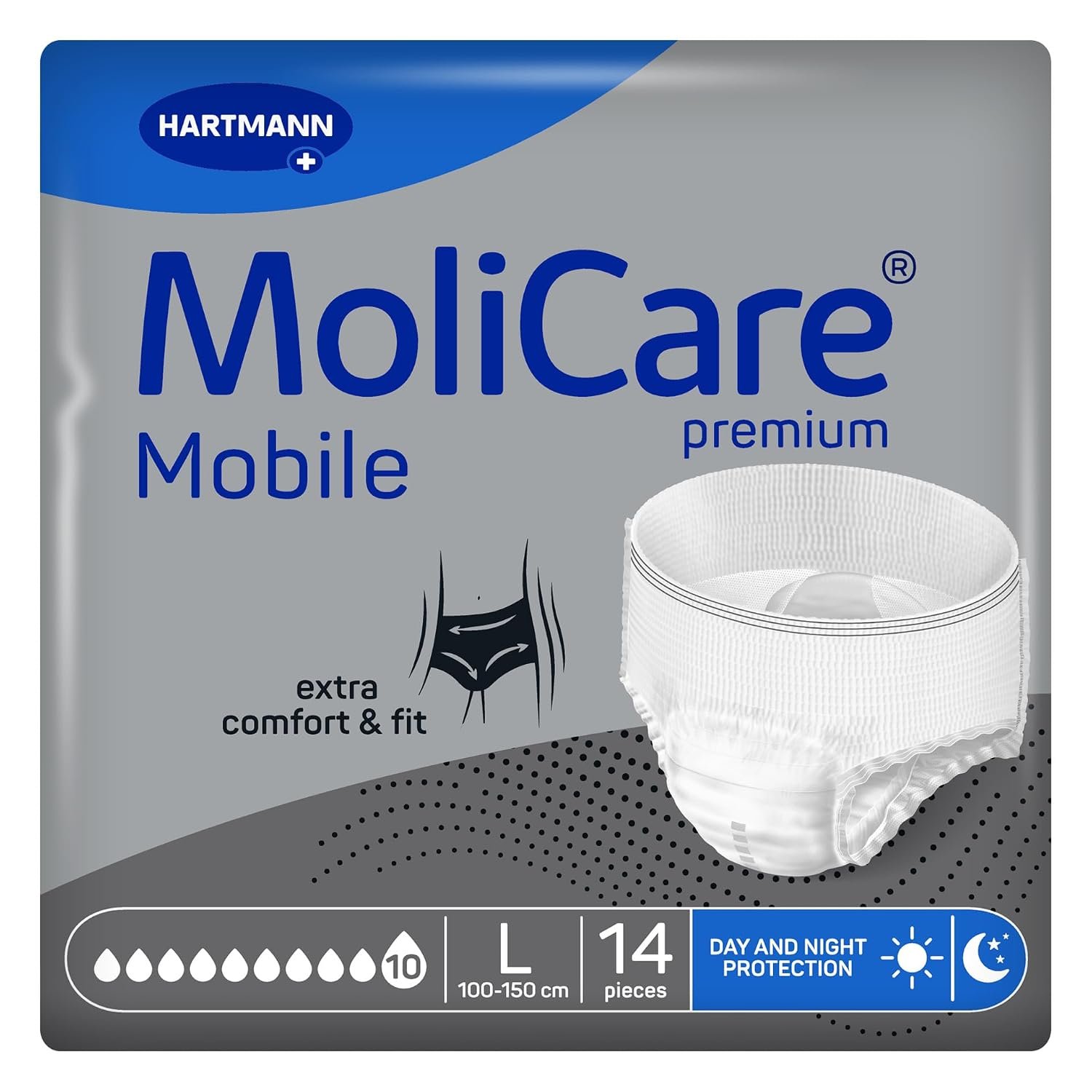 MoliCare Premium Mobile 10 Drops Size Large | Incontinence Pants for Women and Men | Prevents Leaks | Fast Absorption | Instant-Dry Feeling | 39-59inches | 14 Pieces | 2568ml