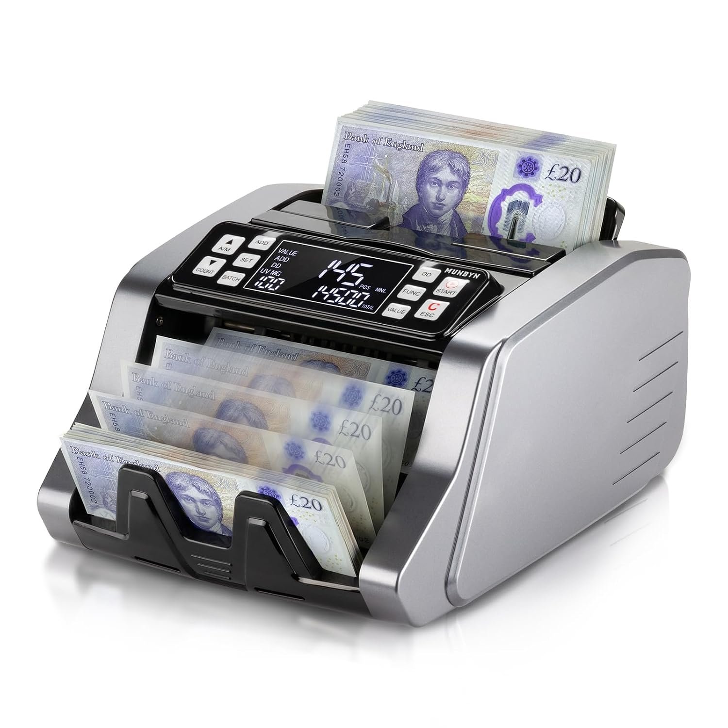 MUNBYN IMC20 Money Counter Machine UK with Value Count for GBP/EUR/USD Bill Counter, Add/Batch/Value Mode Banknote Counter, 1000 Bills per Minute, LED External Display