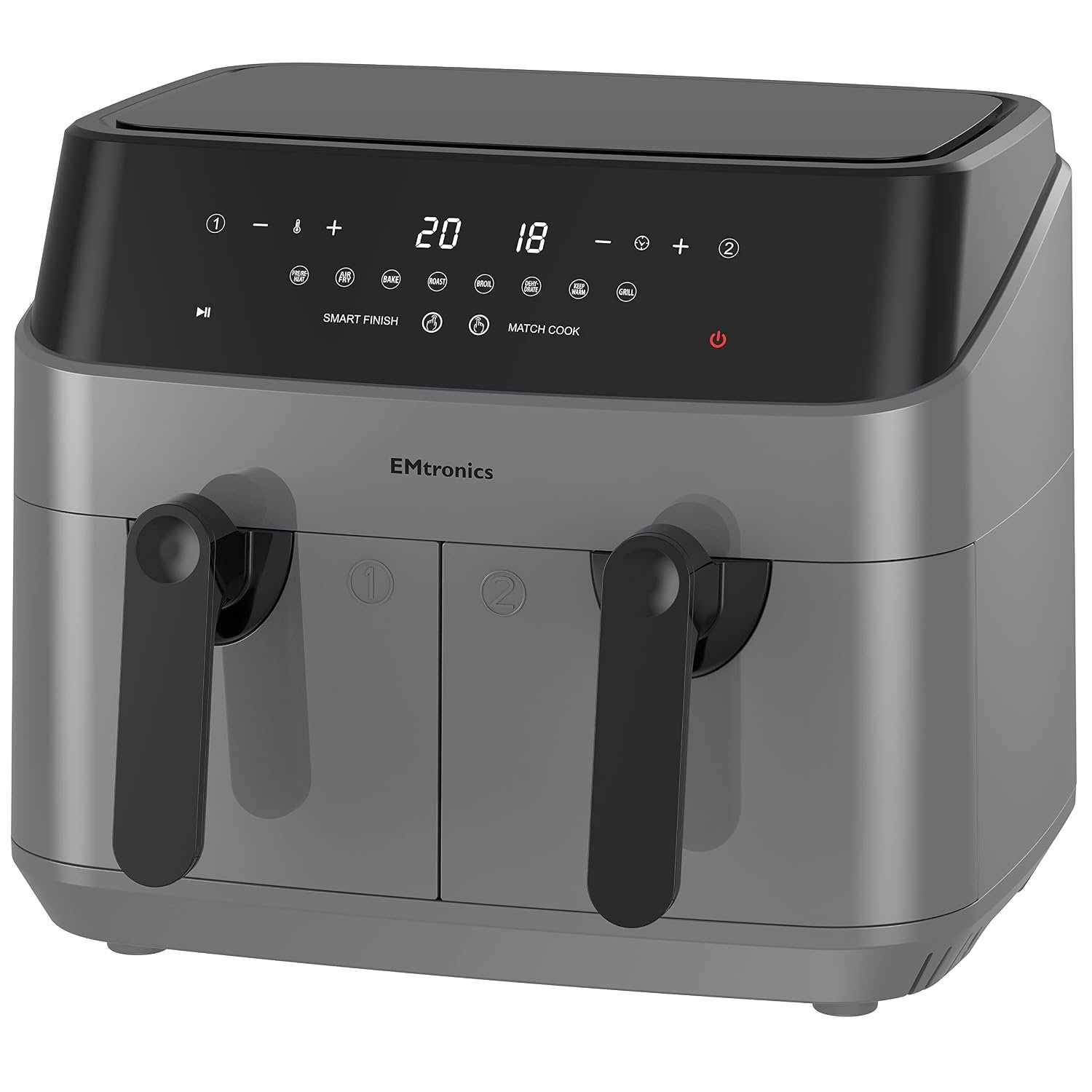 EMtronics EMAFDD9LGR Dual Air Fryer Extra Large Family Size Double XL 9 Litre with 8 Adjustable Pre-Set Menus for Oil Free & Low Fat Healthy Cooking, Easy Clean Metal Interior, 99-Minute Timer - Grey
