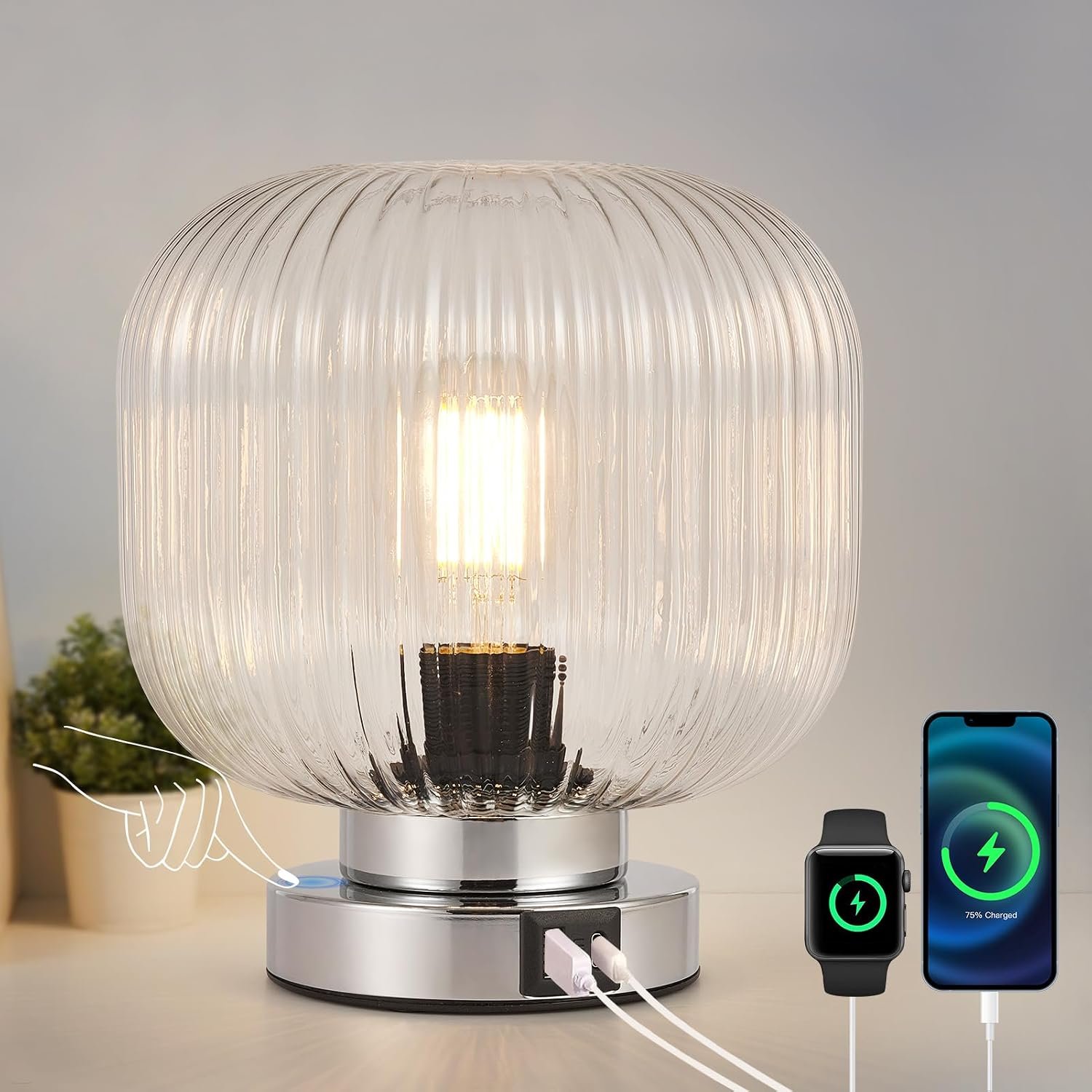 HARPER LIVING Table Lamp with USB-C & USB-A Charging Ports, Touch Control Dimmable E27 Desk Lamp, Clear Glass Shade & Chrome Base Bedside Light for Bedroom Office Study, E27 Socket No Bulb