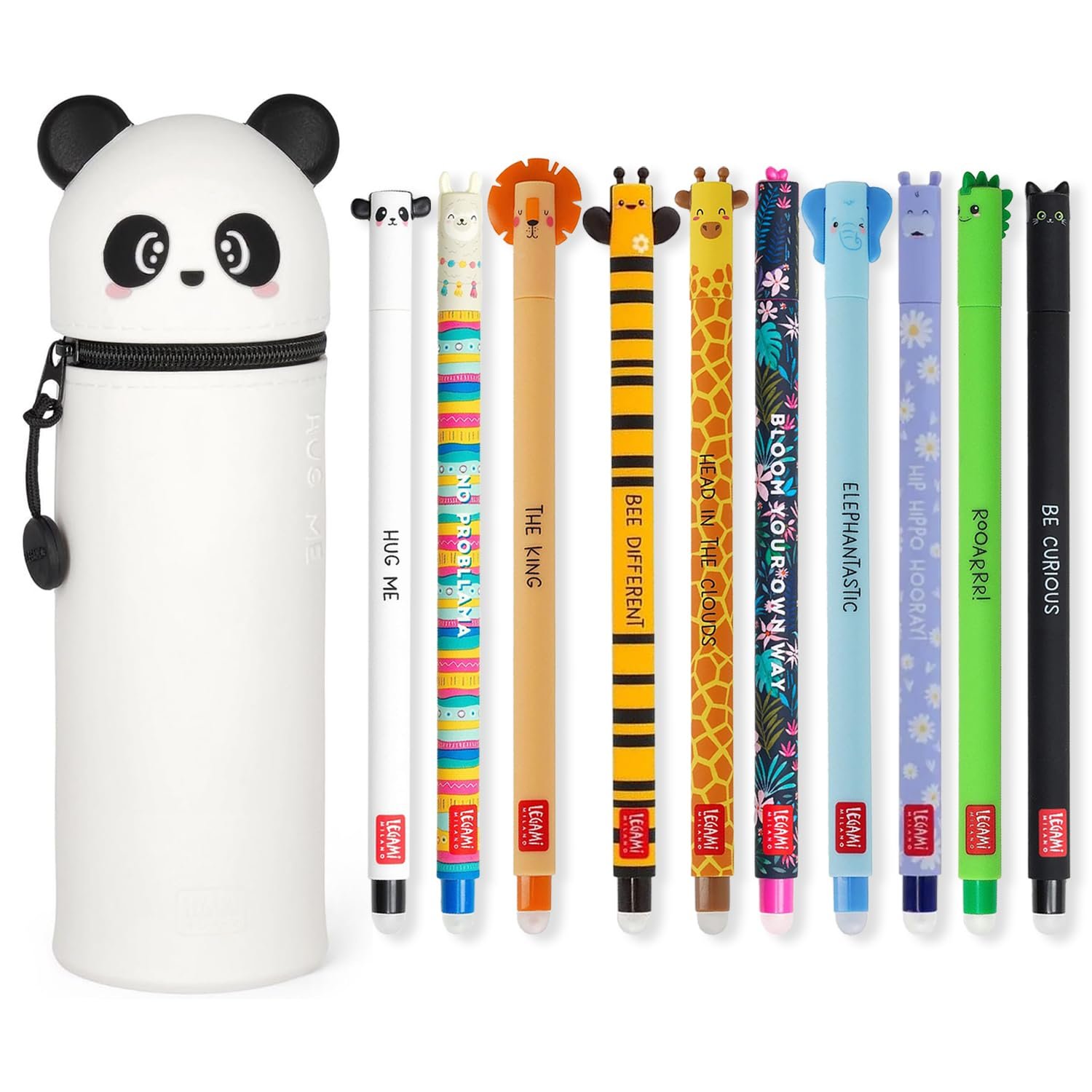 LEGAMI - Set of 10 Erasable Gel Pens + Panda 2-in-1 Pencil Case - with Thermosensitive Erase Ink, Range of ink colours & barrel designs, 0.7mm Tip