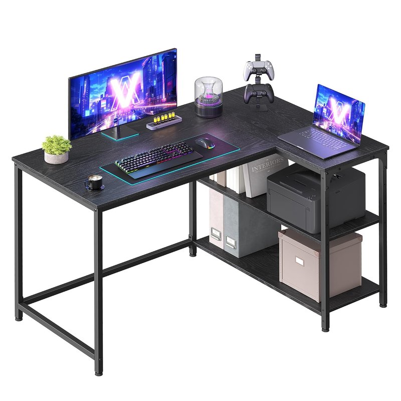 VASAGLE L Shaped Corner Desk, Computer Gaming Desk with Storage, Reversible Height-Adjustable Shelves, for Home Office, 110 x 80 cm, Ebony Black LWD135BE01