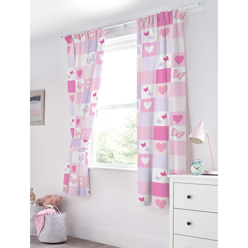 Bloomsbury Mill - Kids Curtains for Girls Bedroom - Pink Hearts and Butterflies Patchwork - Lined Curtain Pair with Tiebacks - Nursery Curtains for Childrens Baby Room - 66X72 inch drop (168x183cm)