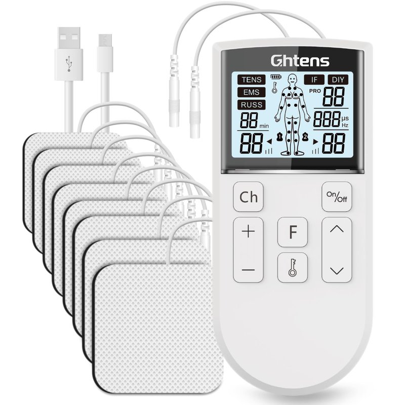TENS Machine for Pain Relief – GHTENS Rechargeable EMS Unit with 5 Modes, 80 Programs, Dual Channels & 8 Electrode Pads for Back, Sciatica, Shoulder Pain