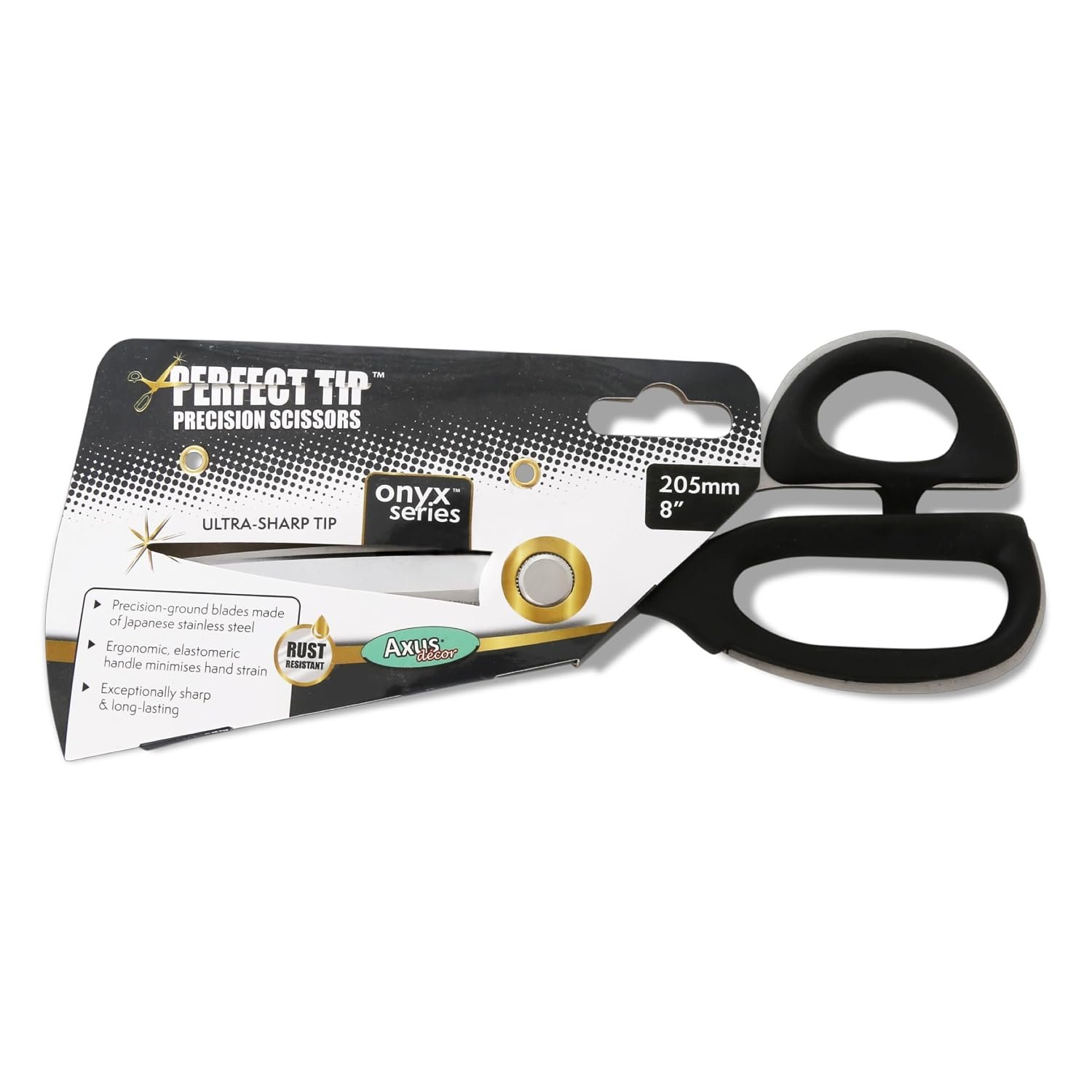 Axus Decor Perfect Tip Precision Scissors (Onyx Series) - Stainless Steel Scissors & Super Sharp Blades & Rust Resistant, Precisely Cutting Tool for Wallpaper, Fabrics, Fine Mesh - Length 205mm