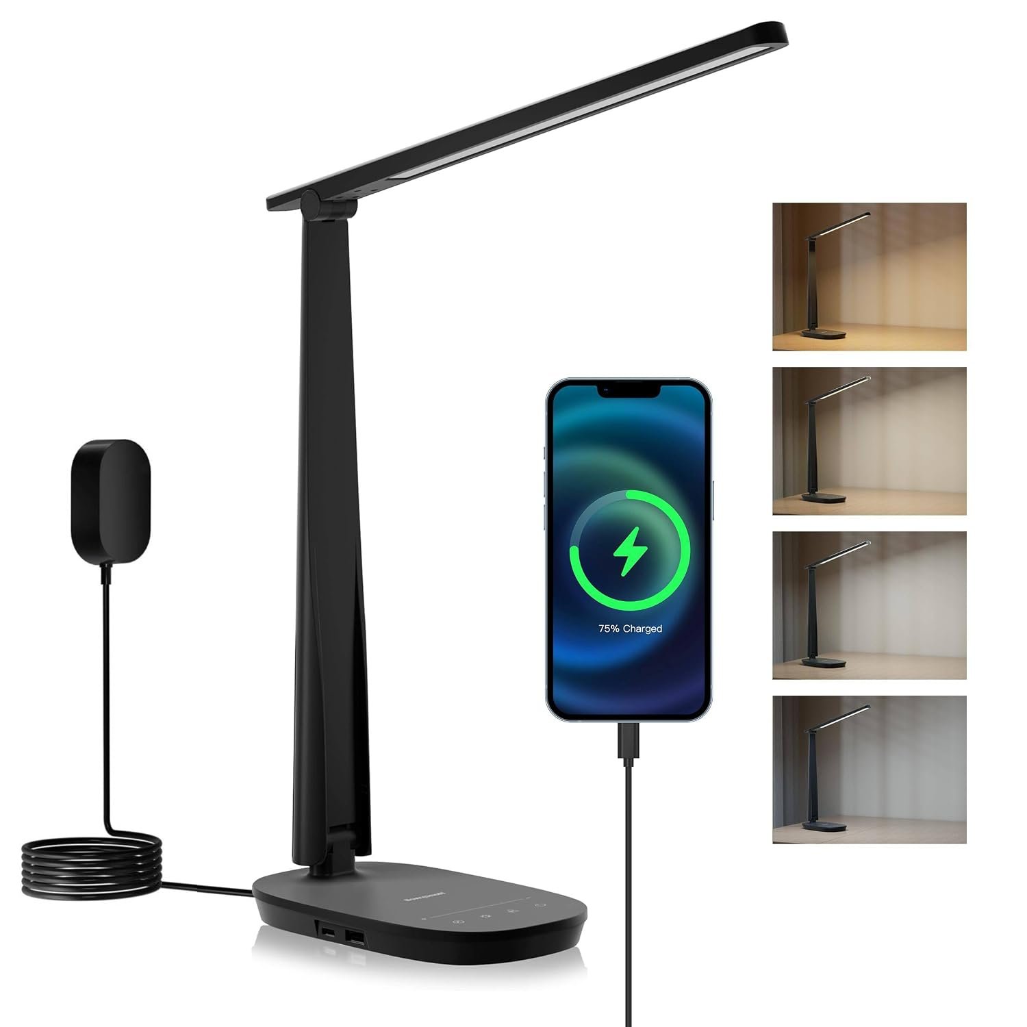 Honeywell HWT-H2 LED Desk Lamp for Home Office, CRI94 Full Spectrum Eye-Caring Light, Dimmable Table Lamp with USB-A & USB-C Charging Ports, Foldable Touch Control Lamp for Reading & Study, Black