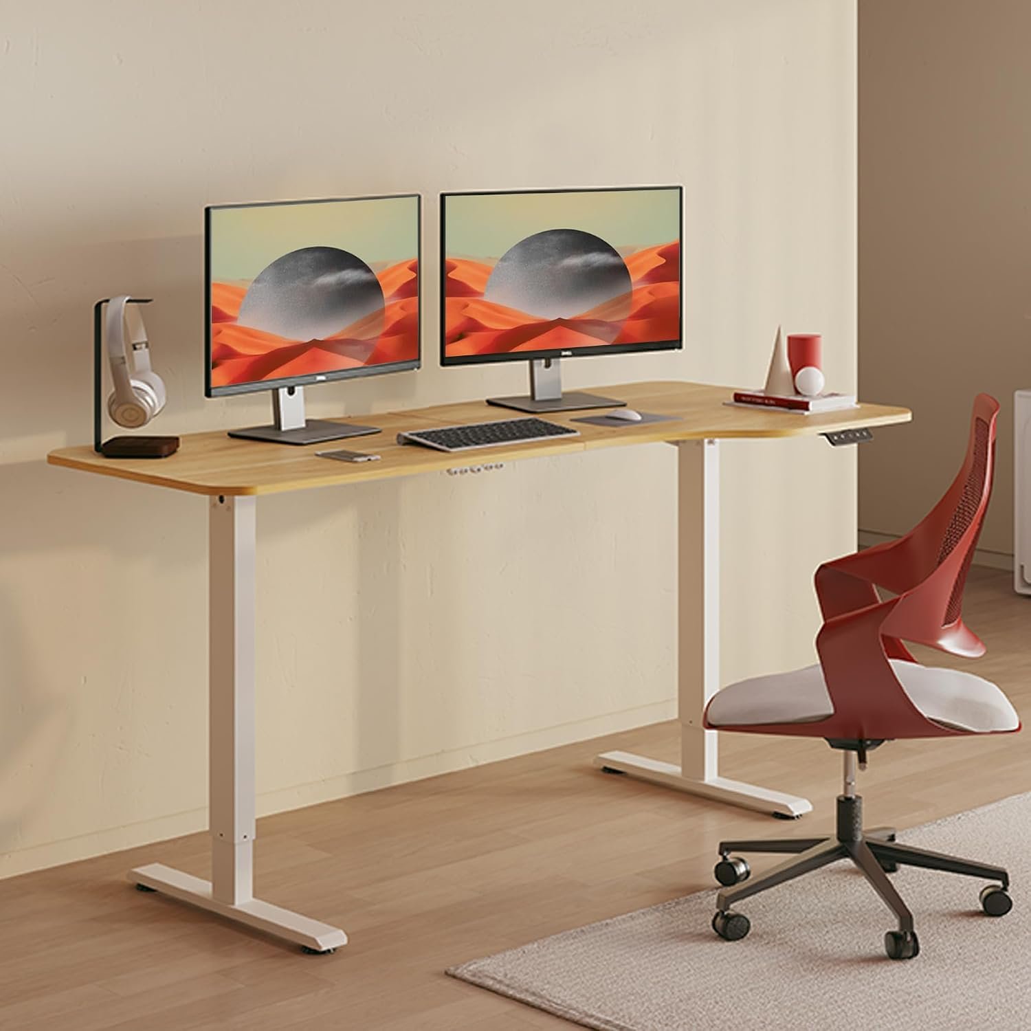 SANODESK 160×75CM Electric Standing Desk Height Adjustable Corner Standing Desk with Hooks and Cupholder Sit Stand Table Adjustable Desk with Memory Smart Pannel for Home Office