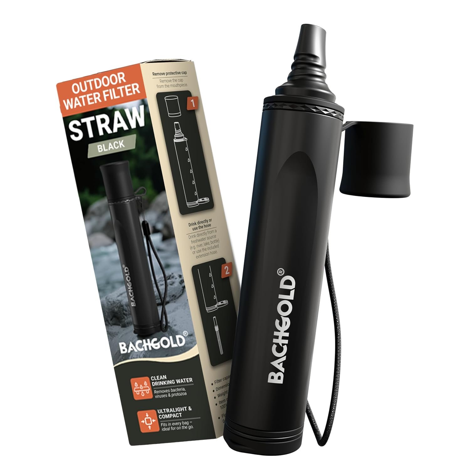 Bachgold Water Filter Straw Survival – Portable Camping Water Purification System | Removes 99.99% Viruses, Bacteria & Protozoa | 2-Stage Electroadsorption + 70 cm Tube, Black
