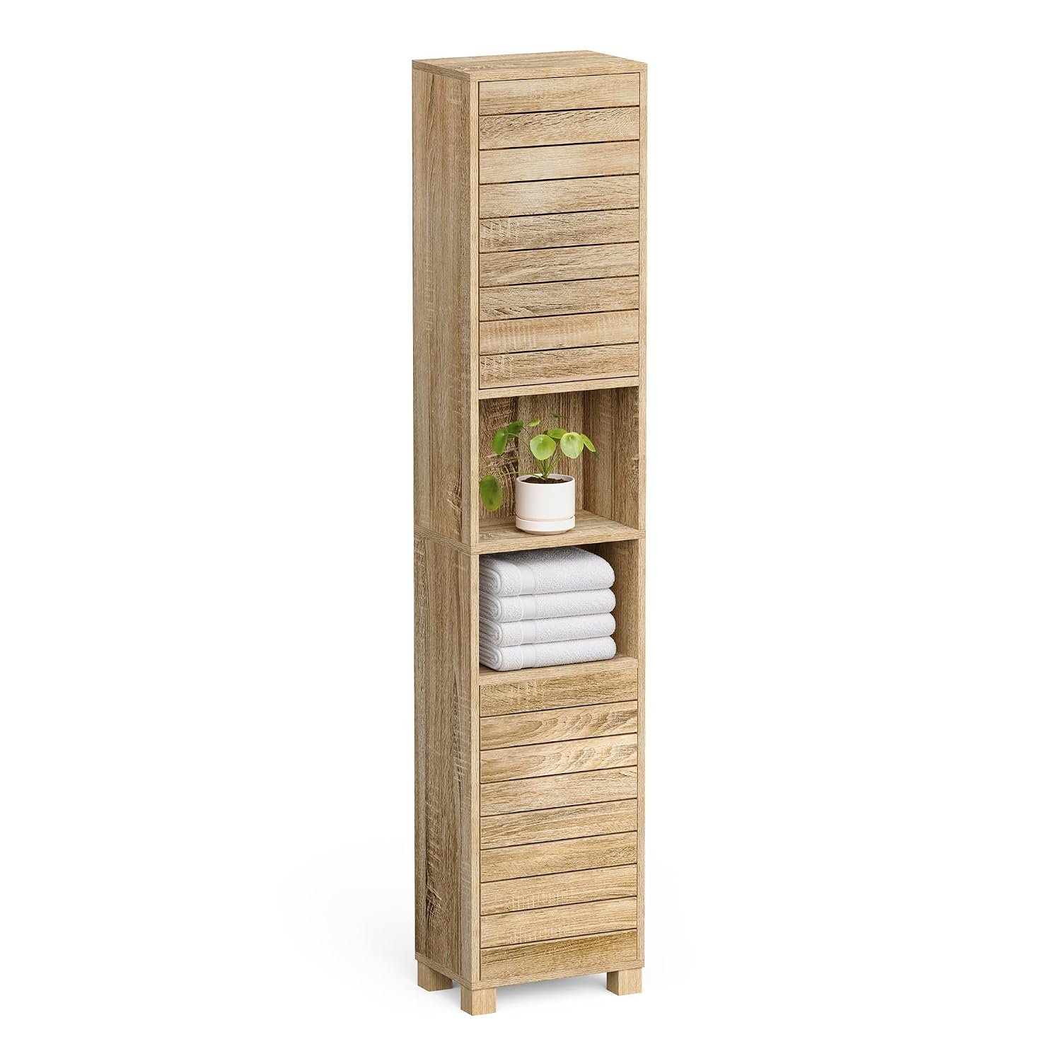 VonHaus Tall Bathroom Cabinet – Oak Wood Effect Bathroom Tallboy with Slatted Design - Tall Storage with 2 Handleless Cupboard Doors, 5 Internal & 2 Open Shelves - for Kitchen & Hallway - Chester