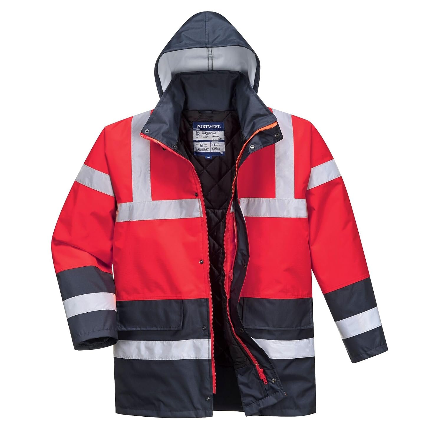 Portwest S466 Hi-Vis Contrast Winter Traffic Jacket Mens Waterproof Reflective Safety Workwear Cold Weather Protection 300D Industry High Visibility, Red/Navy, XL
