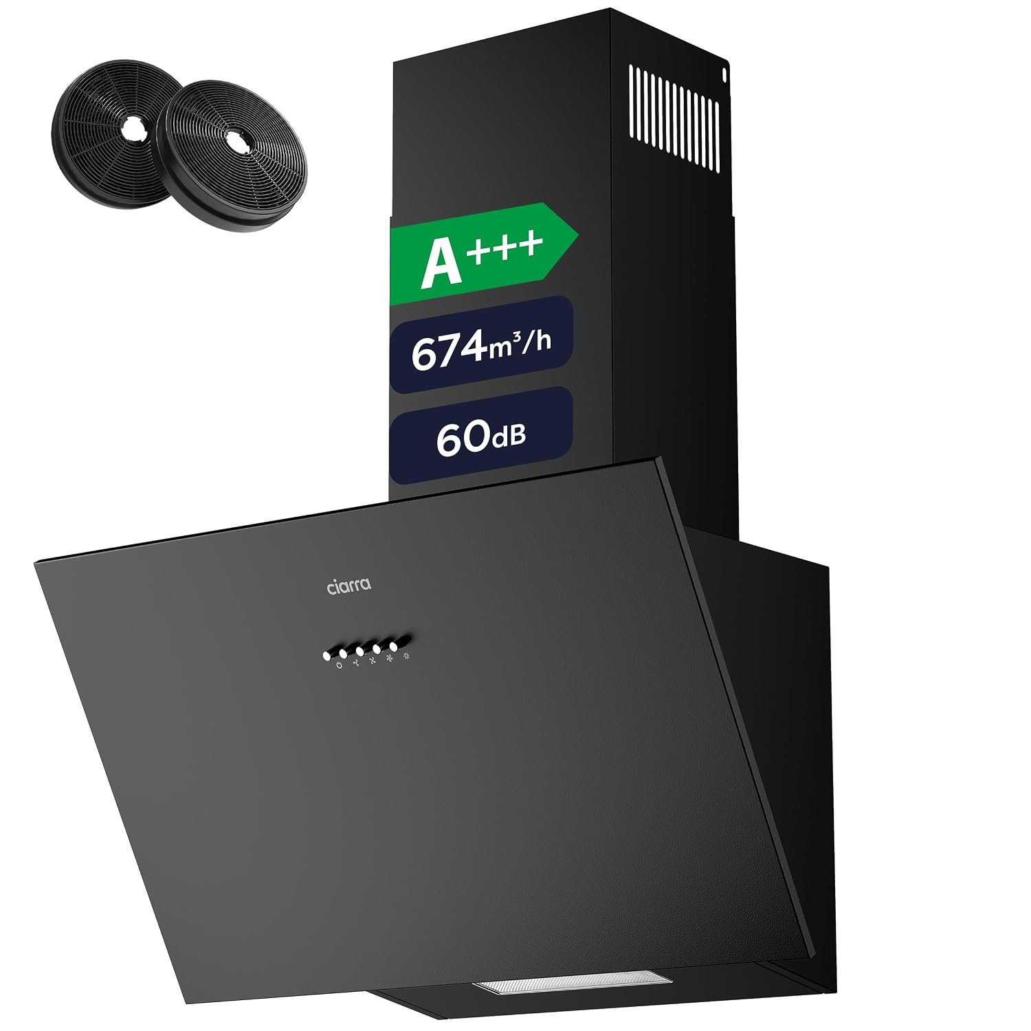 CIARRA Angled Cooker Hood 60cm Black 650m³/h 3 Speeds Class A+++ CBCB6762A