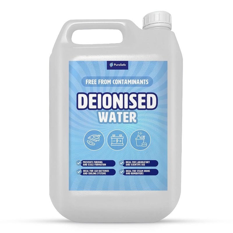 Pure Safe Deionised Water 5 Litre Mineral-Free Water for Car Batteries, Steam Irons, Cleaning & Laboratory Use, No Impurities, Multi-Purpose Distilled Water Alternative