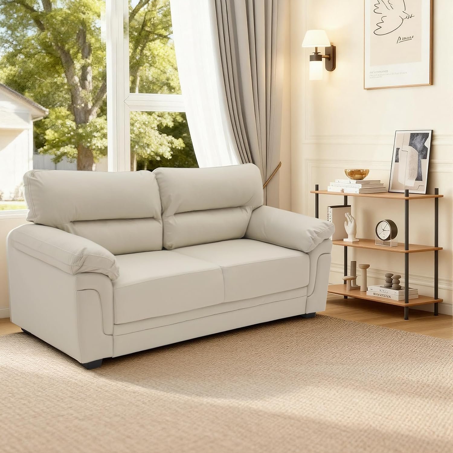 Panana Modern Luxury Faux Leather Comfortable Sofa Couch Settee, Pillow Top Arm Sofa Couch, 2 Seater or 3 Seater for Choice (Beige, 2 Seater)
