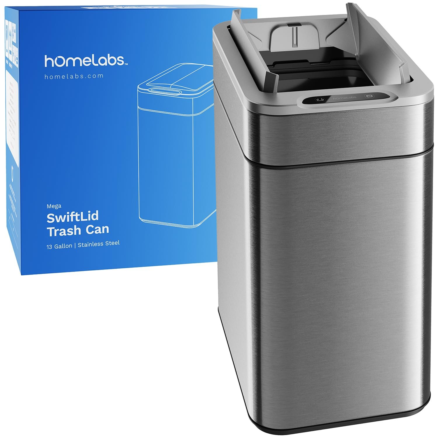 hOmeLabs 49L Sensor Bin – Automatic Bin with Retractable Butterfly Lid, Battery Operated, Stainless Steel, Space-Saving, Easy to Clean, Soft Close, Batteries Included