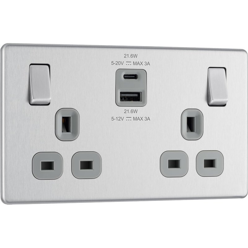 BG Electrical 22W Double Switched Power Wall Plug Socket with Fast Charge Type A and C USB Ports, Screwless, Flatplate, Brushed Steel, Grey Inserts, 13A, FBS22UAC22G