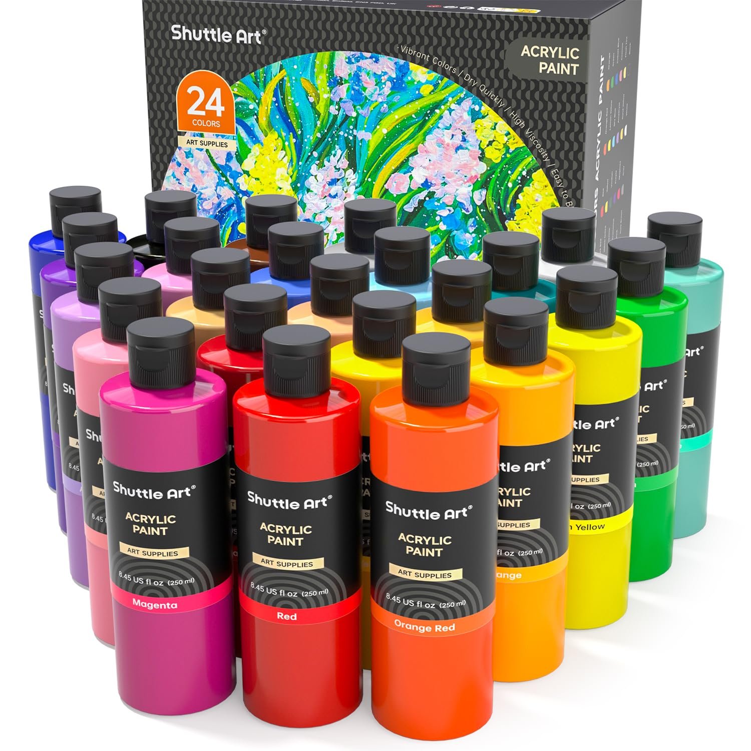 Shuttle Art Acrylic Paint Set, 24 Colours Acrylic Paints (250ml/8.45oz), Rich Pigmented, Bulk Painting Supplies for Artists, Beginners and Kids on Canvas, Wood, Ceramic