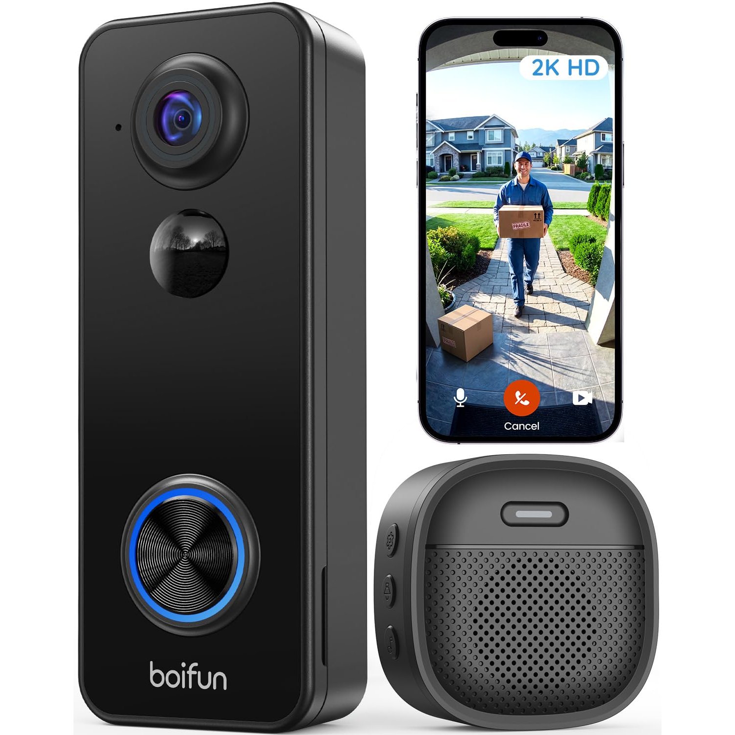 BOIFUN 2K Video Doorbell Camera Wireless No Monthly Fee, Head-To-Toe View, Easy to Install, PIR Motion Detection, 2 Way Audio, SD Card & Cloud, Night Vision, 2.4GHz, Alexa