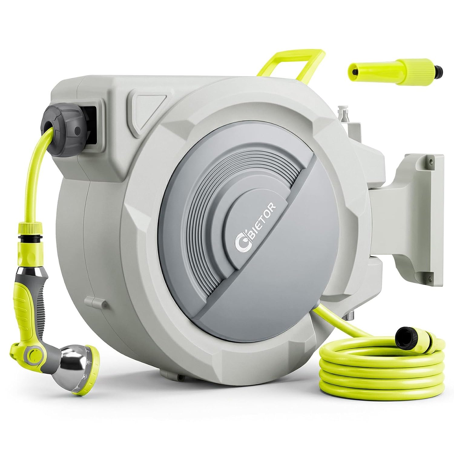 Bietor Retractable Garden Hose Reel, 1/2“ x 30m+2m Upgraded UV Resistant Heavy Duty Wall Mounted Hose Reel with 10 Patterns Nozzle, Any Length Lock, Slow Return System, 180°Swivel Bracket
