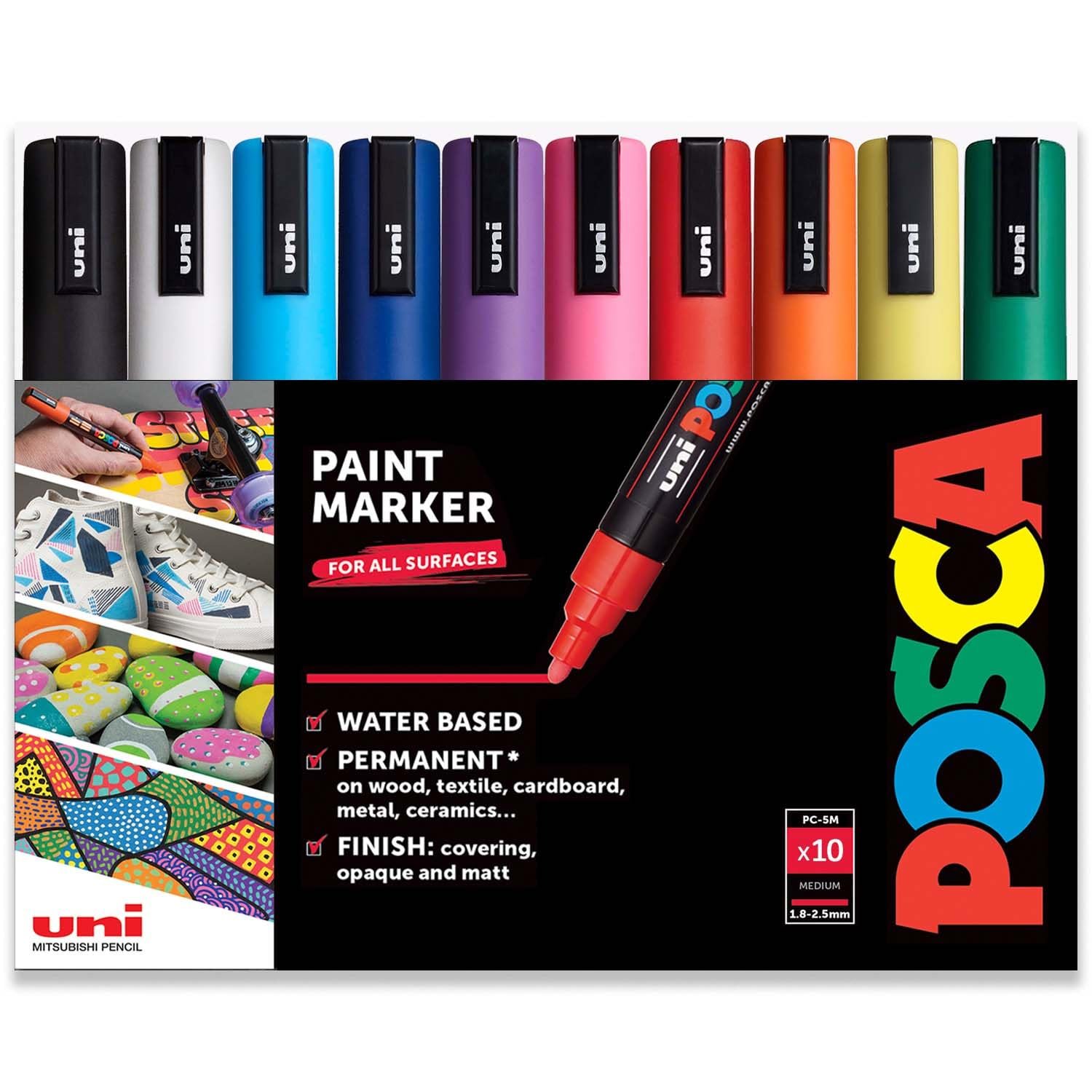 POSCA Water Based Permanent Marker Paint Pen - Multi Surface Use - PC-5M, 1.8-2.5mm Medium - Pack of 10