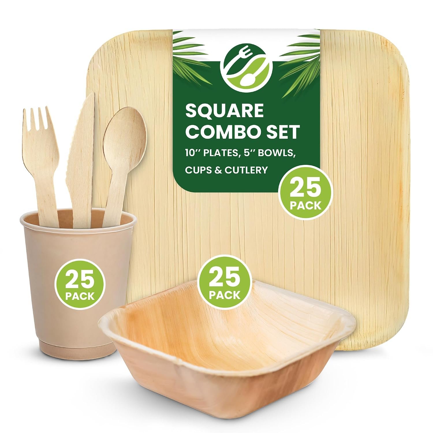 Eco Leaf 150pcs Disposable Palm Leaf Plates, Bowls, Cups and Wooden Cutlery Set – 25x Square Plates, 25x Bowls, 25x Cups, 25x Forks, Knives and Spoons – Eco-Friendly, Compostable, Oven Safe