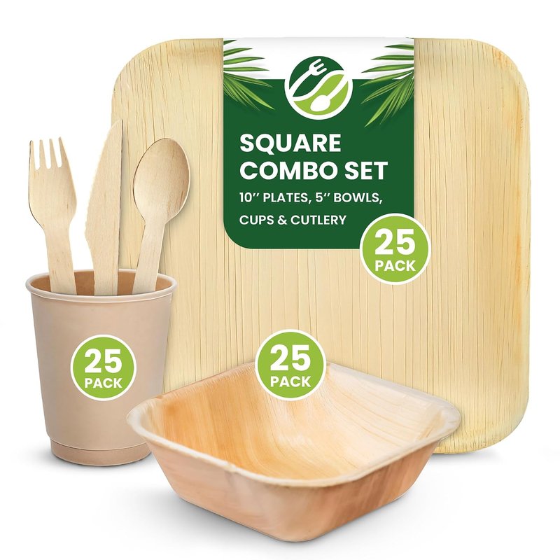 Eco Leaf 150pcs Disposable Palm Leaf Plates, Bowls, Cups and Wooden Cutlery Set – 25x Square Plates, 25x Bowls, 25x Cups, 25x Forks, Knives and Spoons – Eco-Friendly, Compostable, Oven Safe
