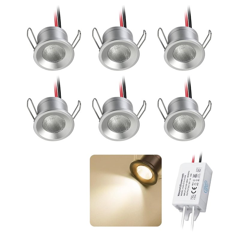 kpslucerna Mini LED Downlights 2W 6pcs DC 12V, IP65 Water Resistant Small Recessed Spotlight, 25mm Round Plinth Spot Light Cabinet Showcases Displays Hallway Kitchen Staircase Bath Niche (Warm White)