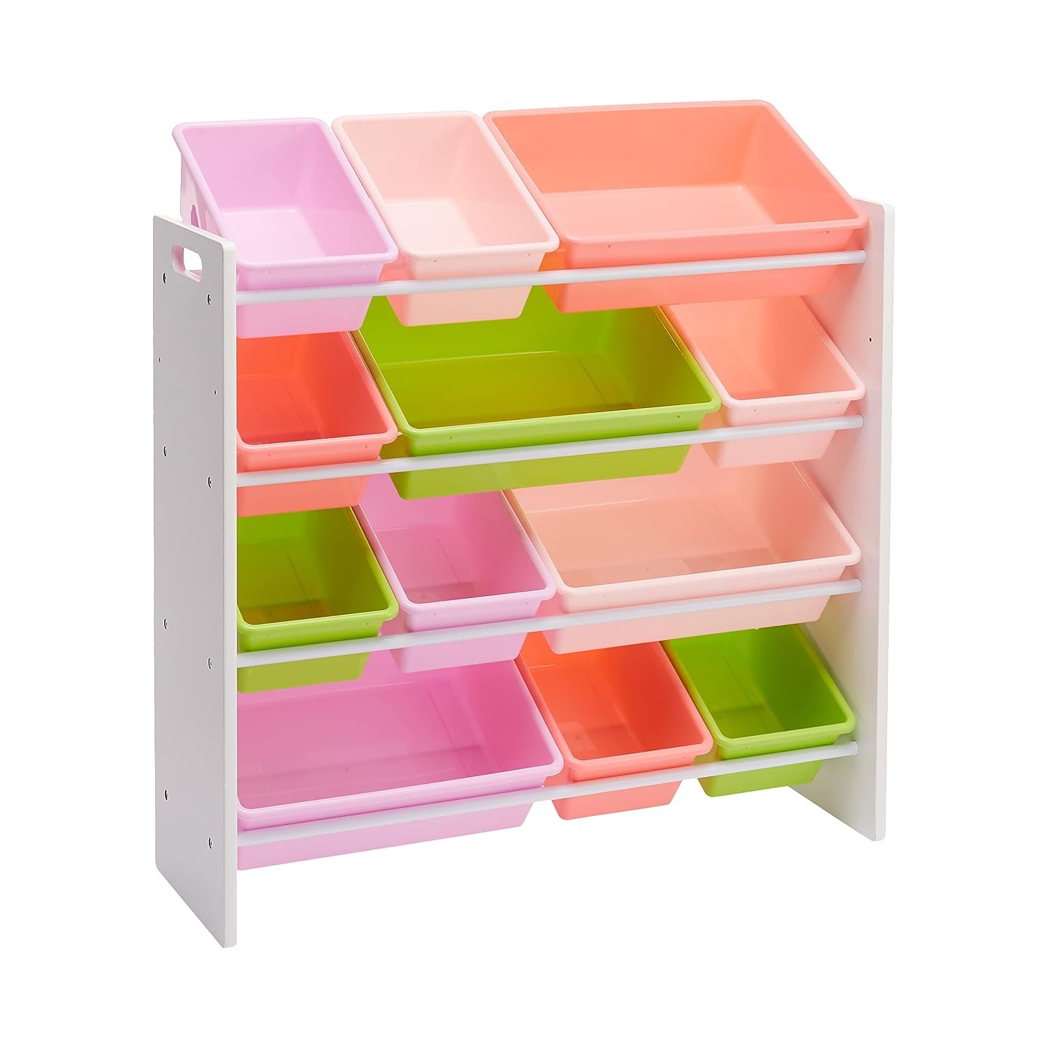 Amazon Basics Children's Toy Storage, Toy Organiser with 12 Plastic Containers, White Wood with Pink Containers, 27.7 x 85.3 x 79 cm