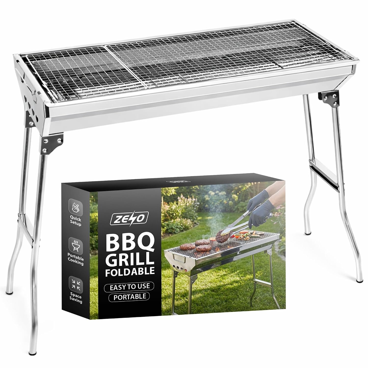 ZENO Portable BBQ Grill | Folding Charcoal Barbecue For Camping, Garden, Picnic | Steel Large Grill With Stable Fold Out Legs Wide Cooking Area And Travel Ready Design