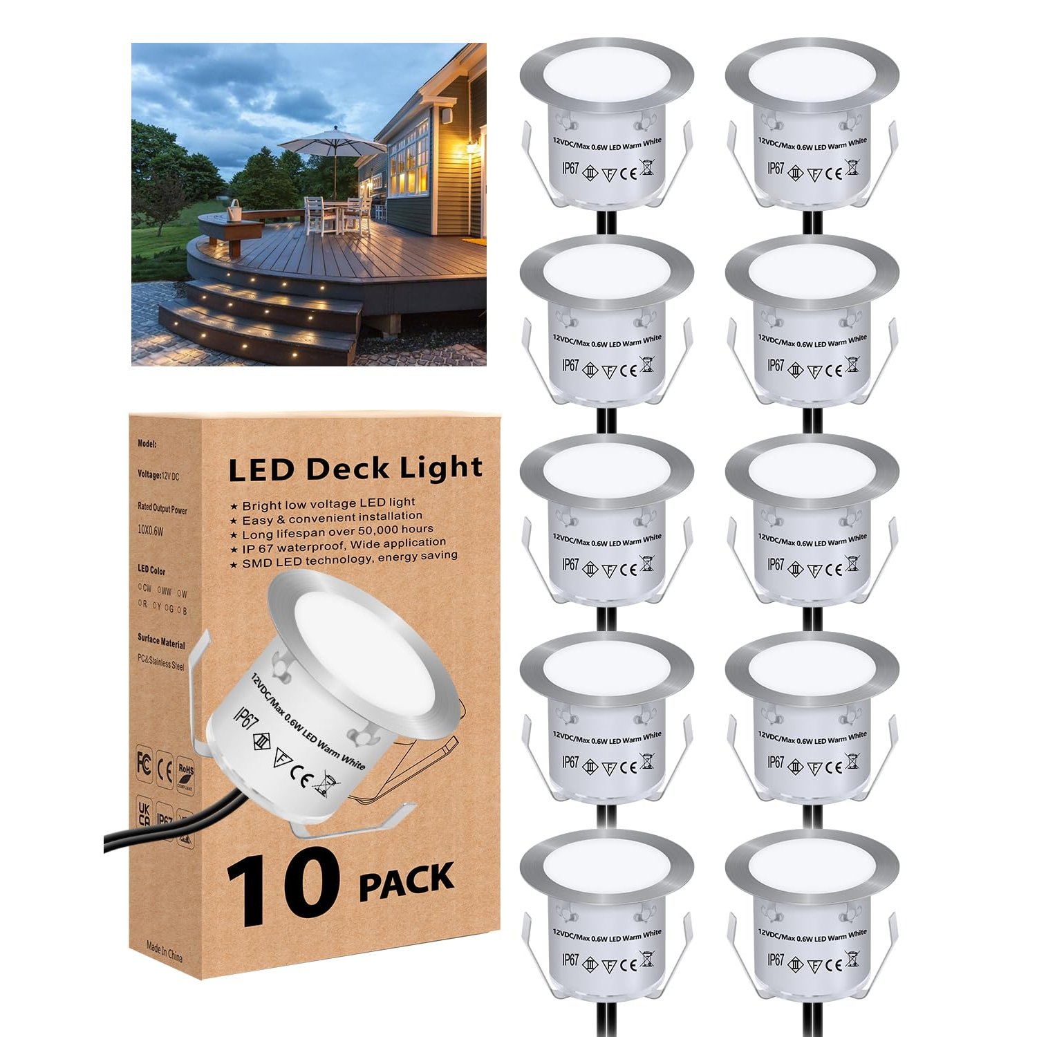 HIBOITEC 10PCS Decking Lights, 0.6W LED Deck Lights, Warm White Deck Lighting IP67 Waterproof, 12V Low Voltage Kitchen Plinth Lights for Yard, Garden Steps, Patio, Stair, Driveway