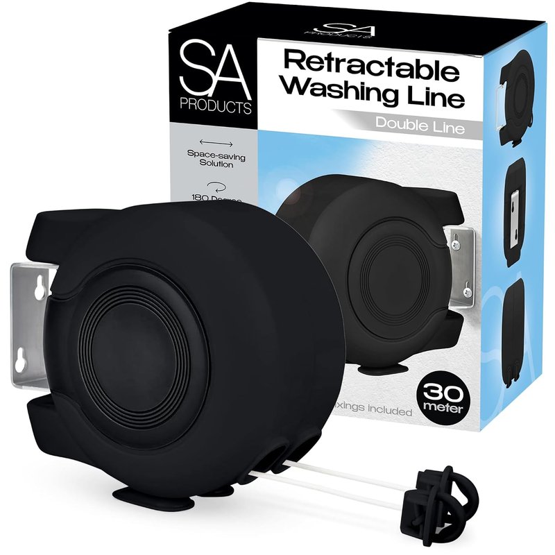 SA Products Wall Mounted Twin Cable Retractable Washing Line - 2x15m Long Clothes Line - 30m Extendable Laundry Drying String Line Heavy-Duty Plastic & Polyvinyl For Indoor & Outdoor Use - All Black