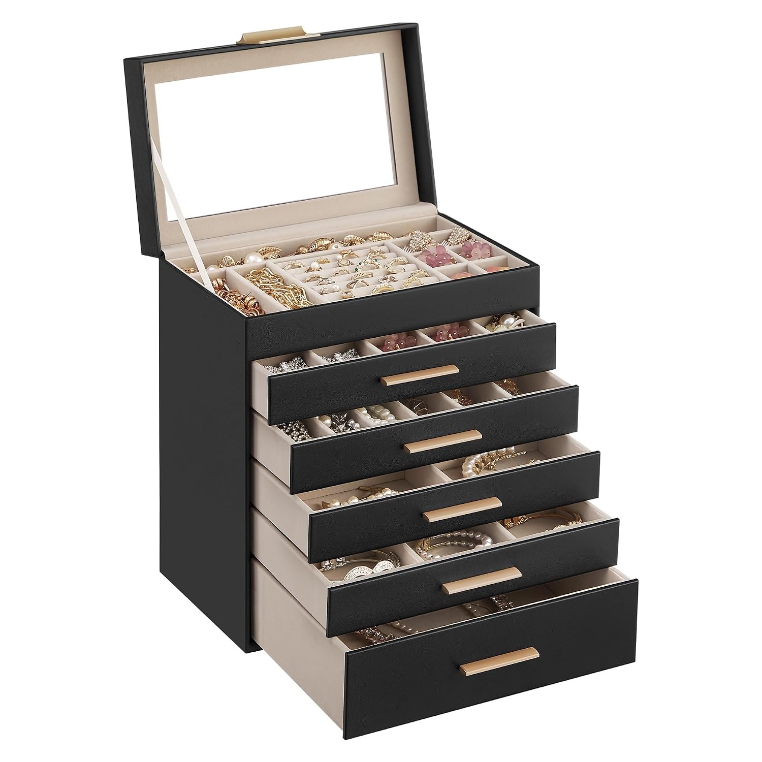SONGMICS Collection - Jewellery Box with Glass Lid, 6-Layer Jewellery Storage Organiser with 5 Drawers, Plenty of Storage, Modern, Gift Idea, Graphite Black and Gold Colour GISELLA JBC171B01