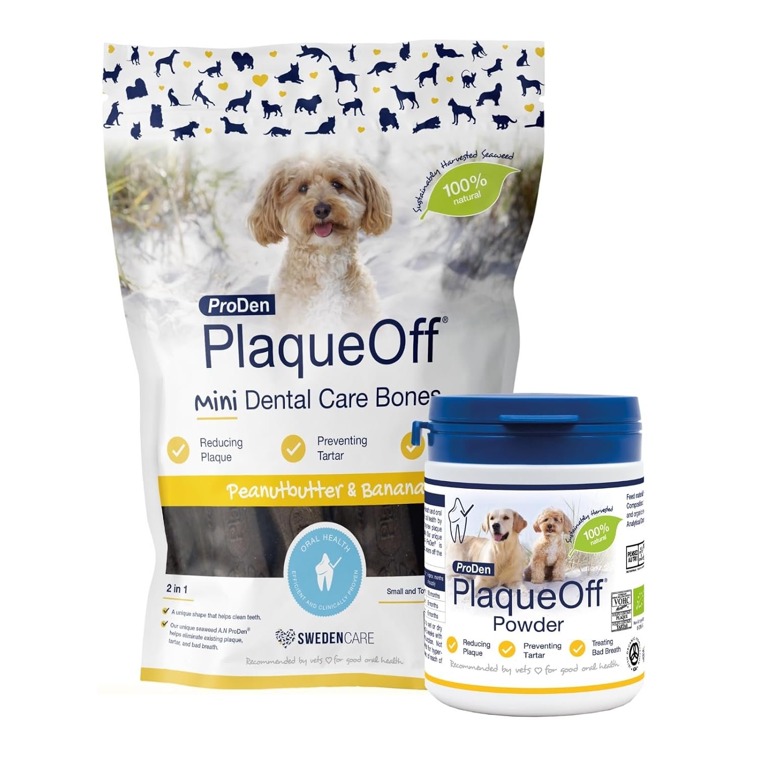 ProDen PlaqueOff Powder for Dogs & Cats, Tartar & Bad Breath Remover with 100% Natural Teeth Plaque Remover (Bundle - 180g Powder & Peanut Butter Mini Bones)