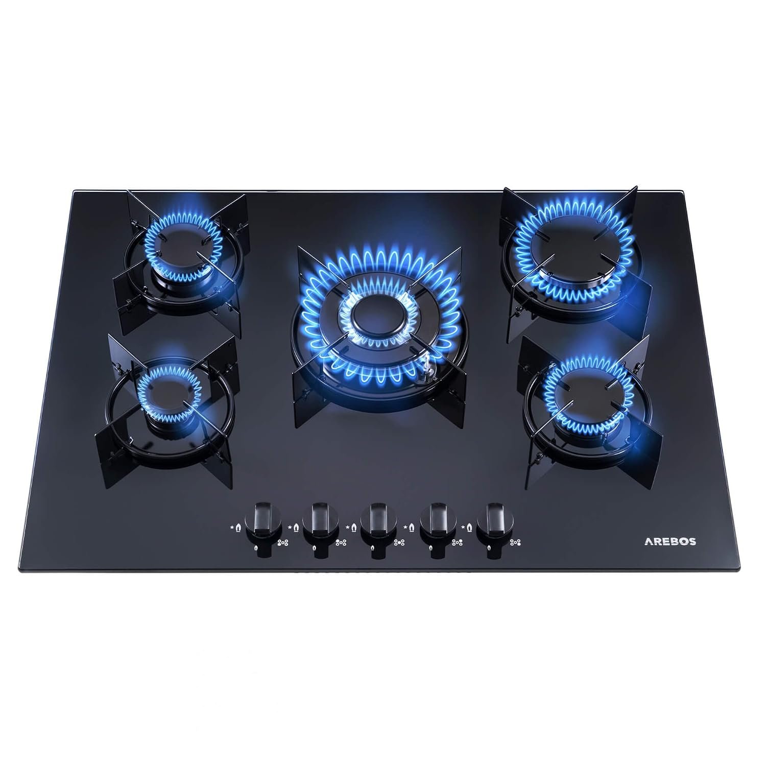 Arebos gas hob 70 cm 5 burners | Tempered glass | Built-in with cast iron pan supports | Compatible with natural gas & propane | Integrated safety ignition