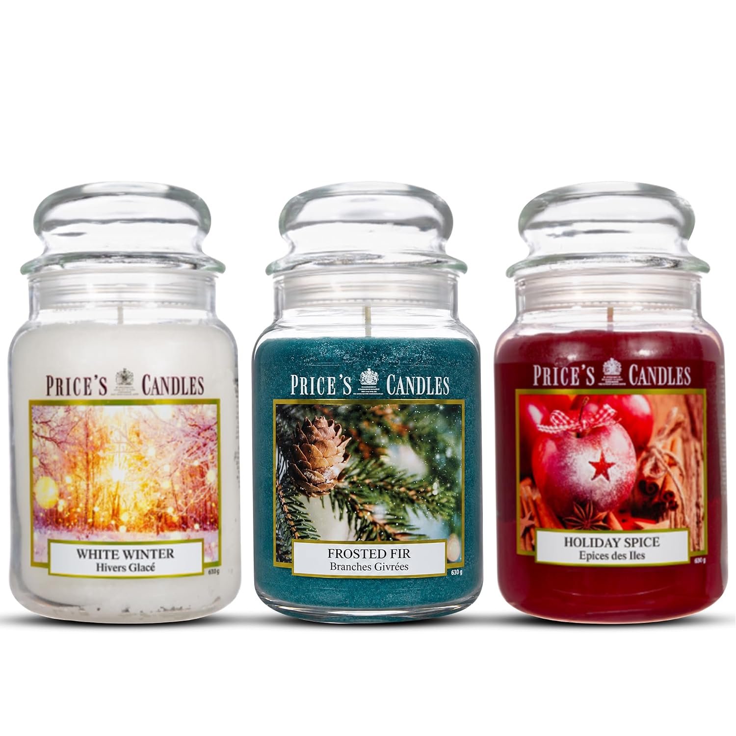 Price's Candles Set of 3 Large Jar Candles Frosted Fir Holiday Spice White Winter Long Burning Scented Wax Candle Gift Set 450 Hour Burn Home Seasonal Fragrance