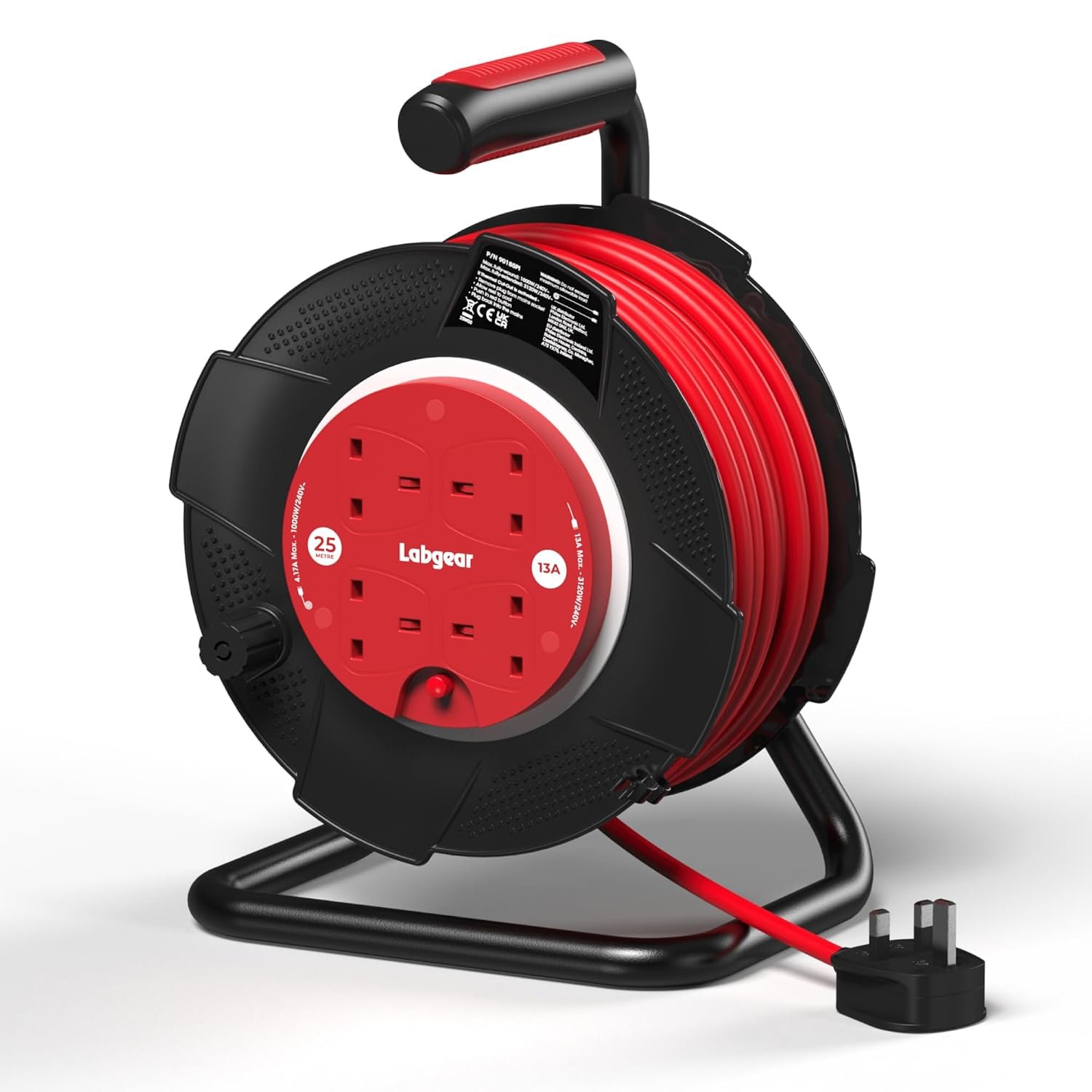 Labgear Extension Lead 25m Heavy Duty Cable Reel 4 Socket 13A Power Reel with Thermal Cut-Out Protection, Durable Drum and Carry Handle Black/Red