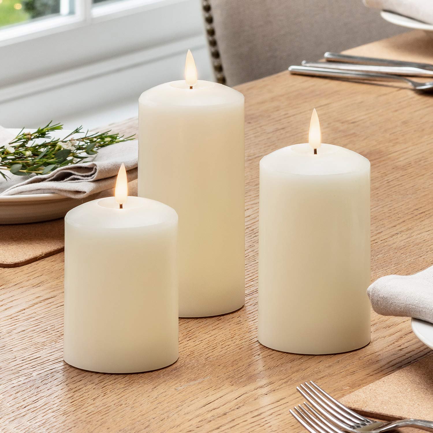 Lights4fun Set of 3 TruGlow® Battery LED Flameless Pillar Candles with Timer & Remote Real Ivory Wax