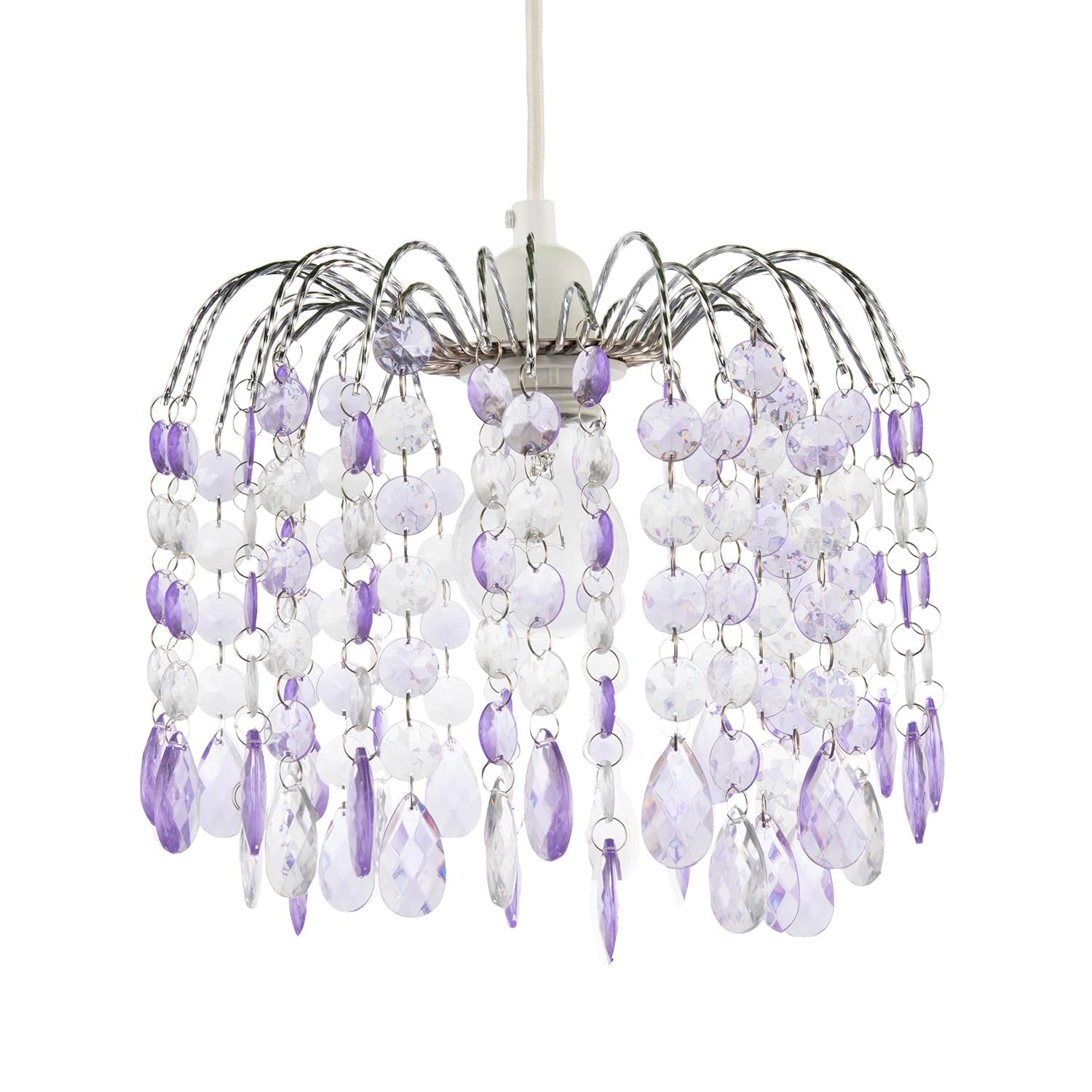 Contemporary Waterfall Designed Pendant Light Shade with Lilac and Clear Acrylic Droplets - Chrome Plated Metal Frame by Happy Homewares