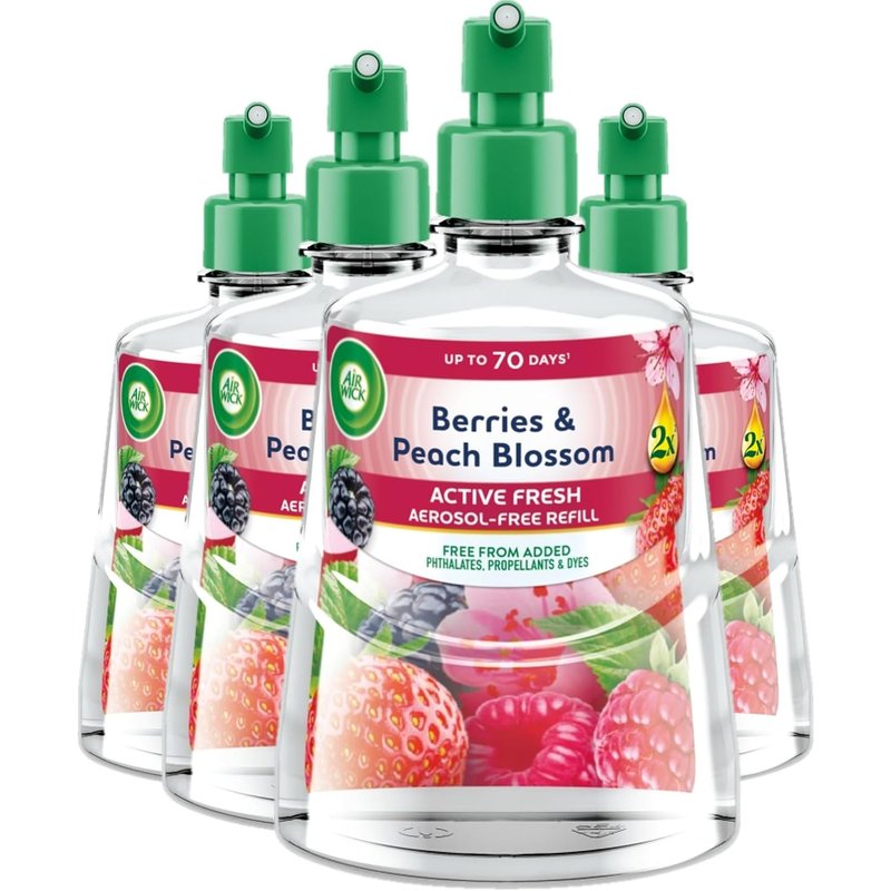 Air Wick Berries & Peach Blossom 24/7 Active Fresh Refill 228ml x 4 Pack - Lasts up to 70 days Air Freshener